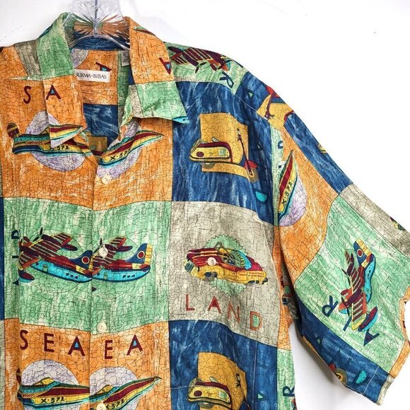 Vintage BURMA BIBAS Travel Adventure Boat Plane Scooter Wild Silk Button Up - Picture 4 of 8